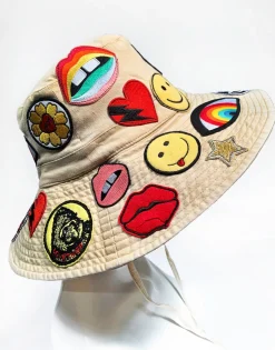 Lauren Moshi Adina- Bucket Hat W/ Allover Hippie Patches* Hats