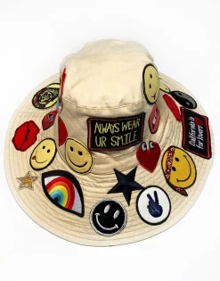 Lauren Moshi Adina- Bucket Hat W/ Allover Hippie Patches* Hats