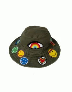 Lauren Moshi Adina- Bucket Hat W/ Happy Hippie Patches* Hats