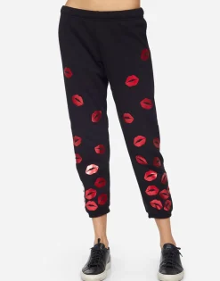 Lauren Moshi Alana Red Foil Scattered Lips*Women Crop Sweatpants