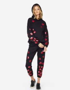 Lauren Moshi Alana Red Foil Scattered Lips*Women Crop Sweatpants