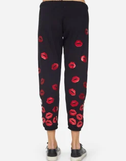 Lauren Moshi Alana Red Foil Scattered Lips*Women Crop Sweatpants