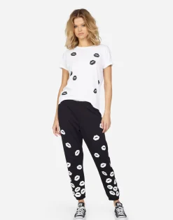 Lauren Moshi Alana White Foil Scattered Lips*Women Crop Sweatpants