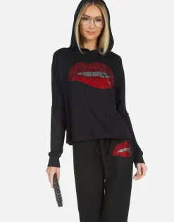 Lauren Moshi Crystal Biting Lip Pullover Crop Hoodie | Delilah X By *Women Hoodies