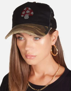 Lauren Moshi Crystal Mushroom Trucker Hat In Black/Camo | Jilly By * Hats