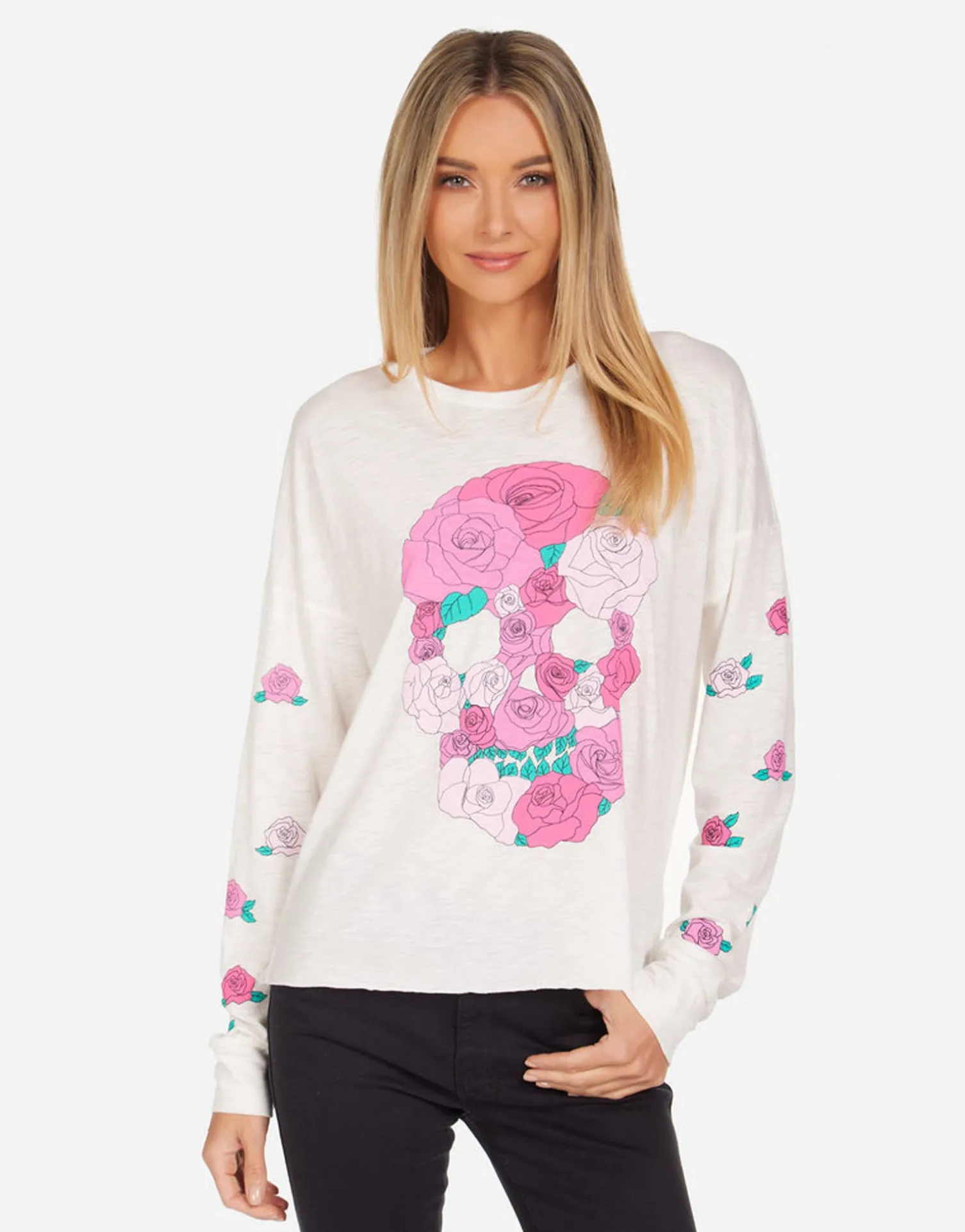 Lauren Moshi Kasia Pink Rose Skull*Women Long Sleeve