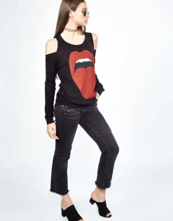 Lauren Moshi Analise Red Tongue L/S Open Shoulder Pullover Top*Women Long Sleeve