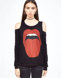 Lauren Moshi Analise Red Tongue L/S Open Shoulder Pullover Top*Women Long Sleeve