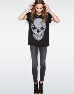 Lauren Moshi Bess Lrg Star Eye Skull S/S Roll Up Slv Vintage Tee*Women Short Sleeve