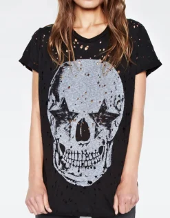 Lauren Moshi Bess Lrg Star Eye Skull S/S Roll Up Slv Vintage Tee*Women Short Sleeve