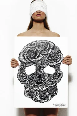 Lauren Moshi Canvas Skull Rose Art* Decor