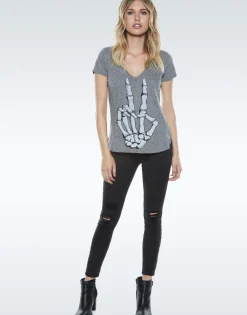 Lauren Moshi Emmalyn Skeleton Peace S/S V-Neck Scoop Raw Hem Tee*Women Short Sleeve