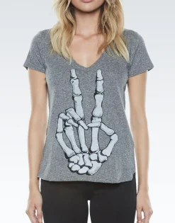 Lauren Moshi Emmalyn Skeleton Peace S/S V-Neck Scoop Raw Hem Tee*Women Short Sleeve