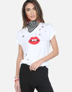 Lauren Moshi Red Gap Mouth W/ Grommets S/S Vintage Tee - Croft*Women Short Sleeve