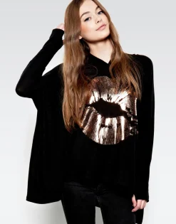 Lauren Moshi Wilma Rose Gold Foil Lip Oversized Pullover W/ Hood*Women Hoodies
