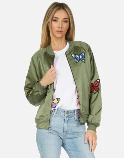 Lauren Moshi Levelle Butterfly Patches Green Military Bomber Jacket*Women Jackets