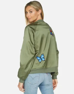 Lauren Moshi Levelle Butterfly Patches Green Military Bomber Jacket*Women Jackets