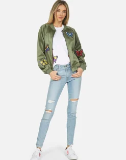 Lauren Moshi Levelle Butterfly Patches Green Military Bomber Jacket*Women Jackets