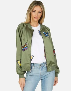 Lauren Moshi Levelle Butterfly Patches Green Military Bomber Jacket*Women Jackets