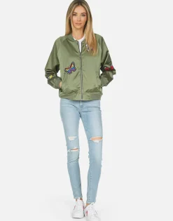 Lauren Moshi Levelle Butterfly Patches Green Military Bomber Jacket*Women Jackets