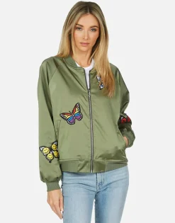 Lauren Moshi Levelle Butterfly Patches Green Military Bomber Jacket*Women Jackets