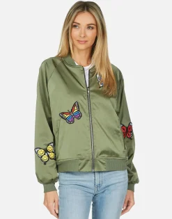Lauren Moshi Levelle Butterfly Patches Green Military Bomber Jacket*Women Jackets