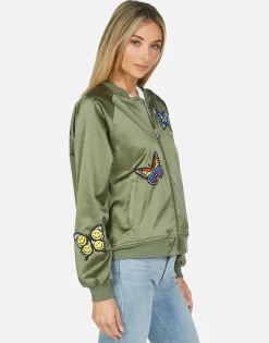 Lauren Moshi Levelle Butterfly Patches Green Military Bomber Jacket*Women Jackets