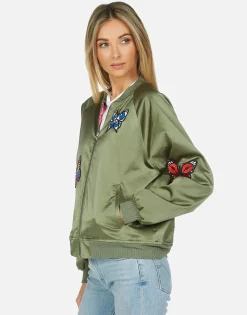 Lauren Moshi Levelle Butterfly Patches Green Military Bomber Jacket*Women Jackets