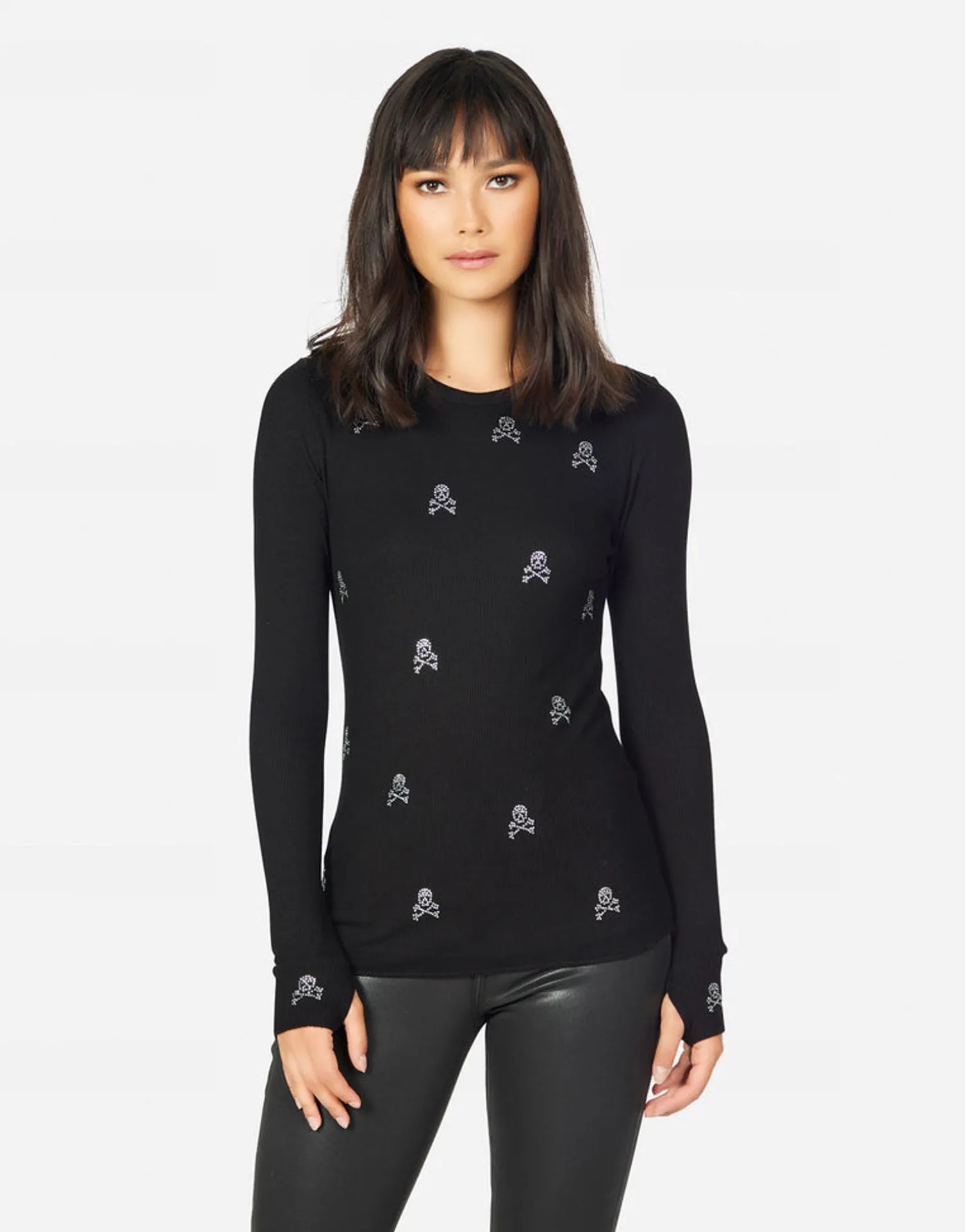 Lauren Moshi Mckinley Mini Crystal Cross Bone Skulls*Women Long Sleeve