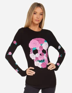 Lauren Moshi Mckinley Pink Rose Skull*Women Long Sleeve