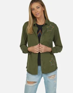 Lauren Moshi Neon Stud Star Button Up Denim Shirt | Sloane By *Women Long Sleeve