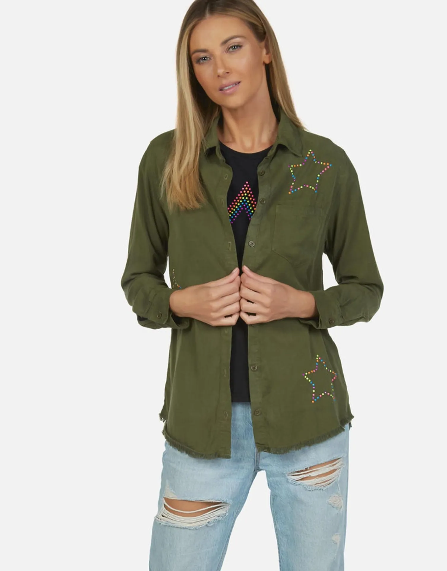 Lauren Moshi Neon Stud Star Button Up Denim Shirt | Sloane By *Women Long Sleeve