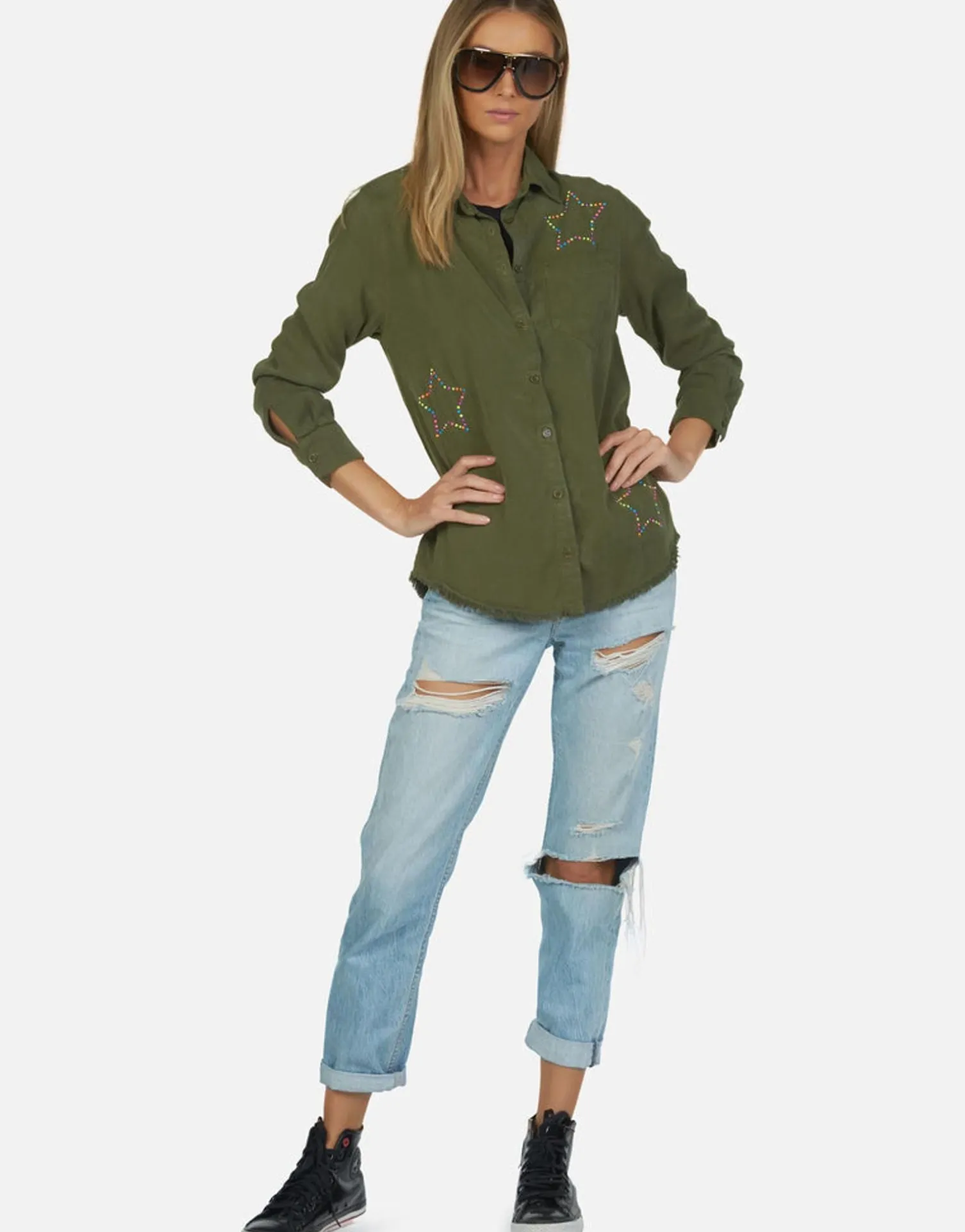 Lauren Moshi Neon Stud Star Button Up Denim Shirt | Sloane By *Women Long Sleeve