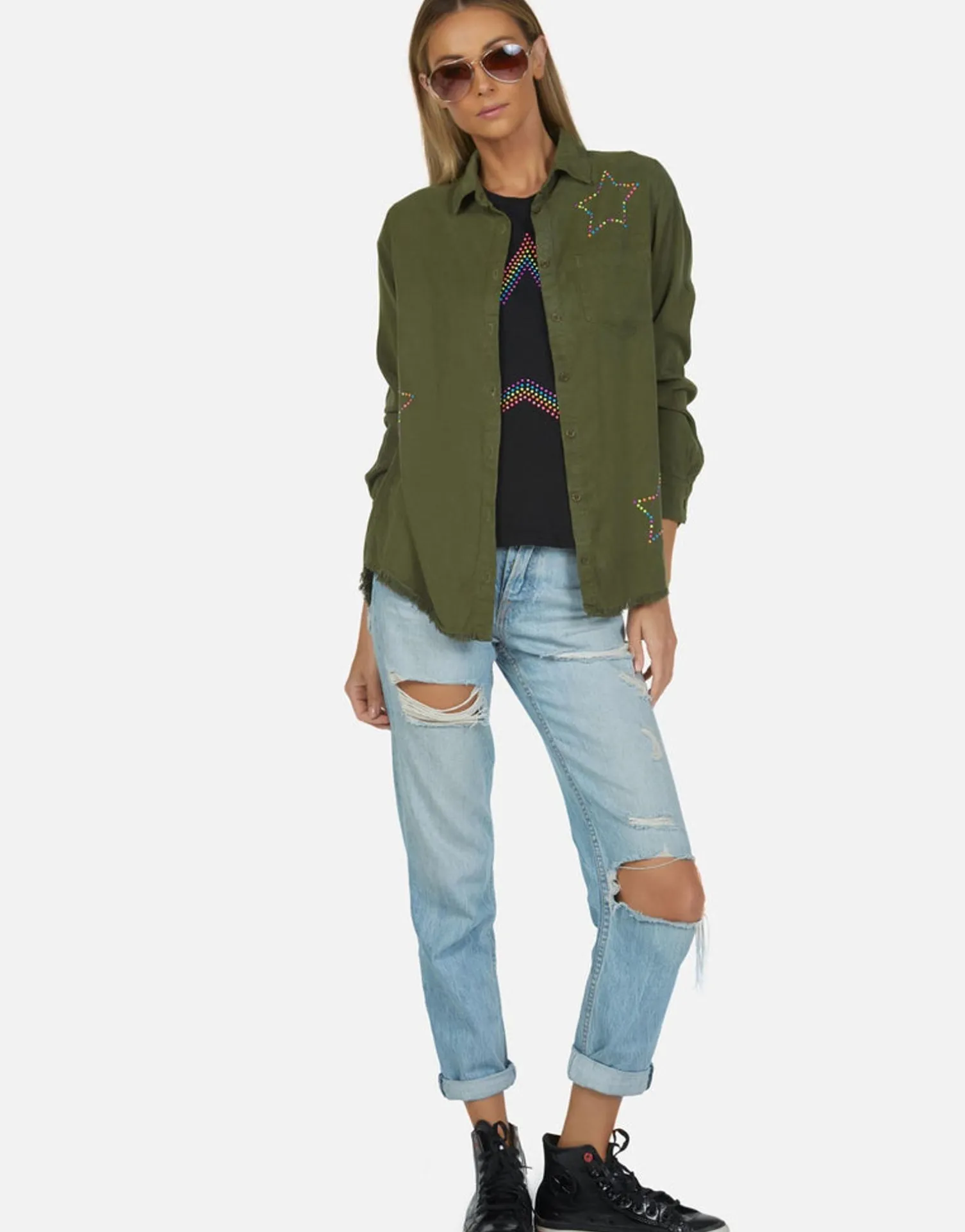 Lauren Moshi Neon Stud Star Button Up Denim Shirt | Sloane By *Women Long Sleeve