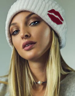 Lauren Moshi Red Mouth Patch Cashmere Slouch Beanie | Blix By *Women Sweaters & Knits