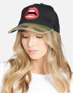 Lauren Moshi Red Open Lip Trucker Hat In Black/ Camo | Jilly By * Hats